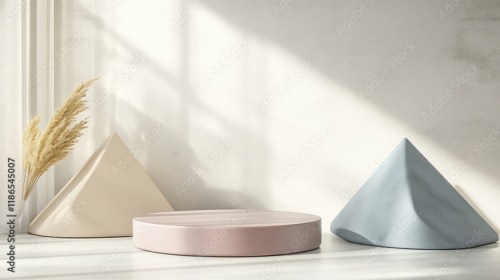 Poster minimalistic geometric 3d podium with pastel curved and triangular shapes in natural light for adver