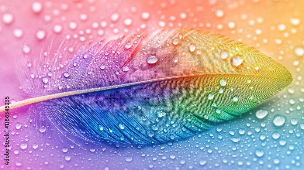 Aufkleber pastel gradient background featuring a macro shot of a rainbow feather adorned with delicate water d