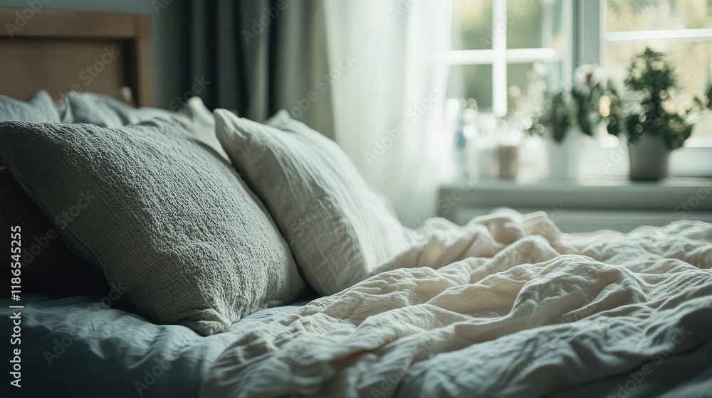 Aufkleber cozy bedroom scene featuring soft linen bedding and plush pillows with natural light filtering throu
