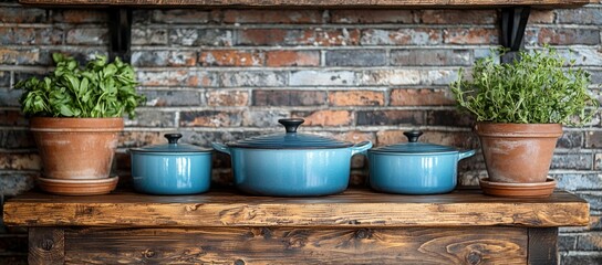 Three blue pots on rustic wooden shelf against exposed brick wall with potted herbs.