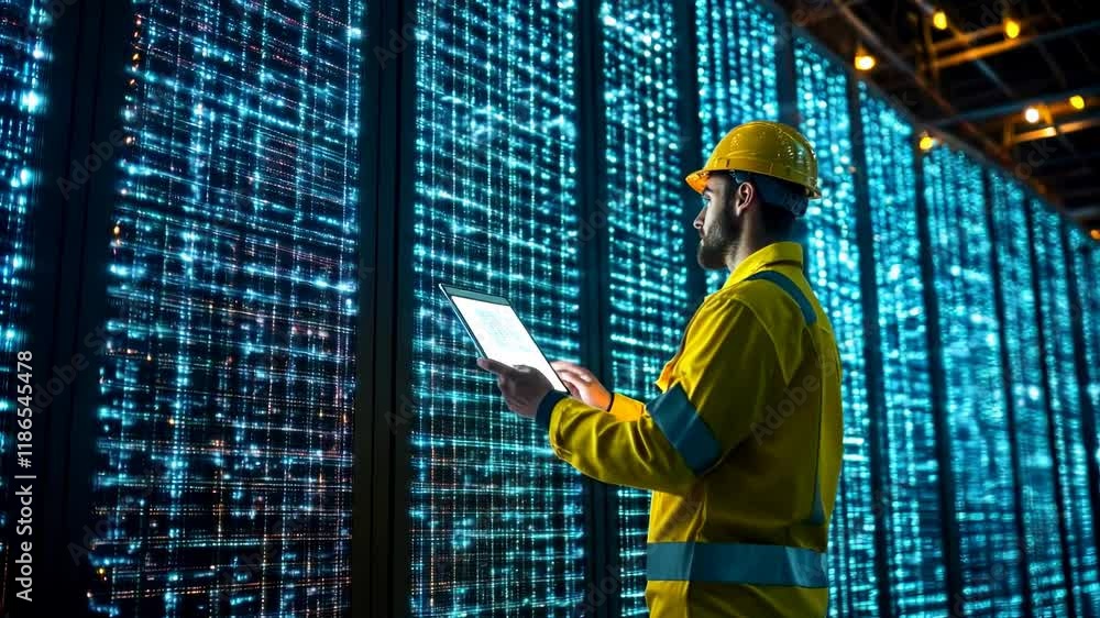 Aufkleber technician inspecting data center servers digital technology it infrastructure network monitoring