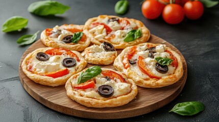 Vegetable and cheese tarts arranged on a wooden plate with fresh basil and tomatoes in a rustic kitchen setting