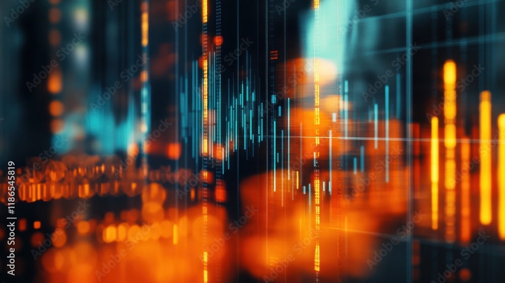 Poster abstract representation of financial growth data with orange graphs and blue bar charts over a blurr