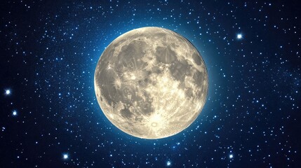 Fototapeta premium Illuminated Full Moon Surrounded by Twinkling Stars Against a Deep Blue Sky Background