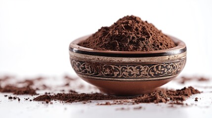 Turbah in decorative bowl on white background representing traditional Islamic prostration soil made from dust or mud for prayer rituals