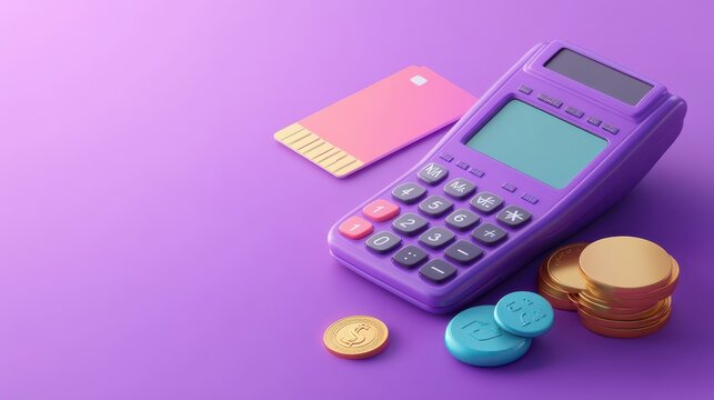 3d calculator, coin and credit card in cartoon style concept of financial management or money planning taxes and finance illustration isolated on purple background 3d rendering illustration