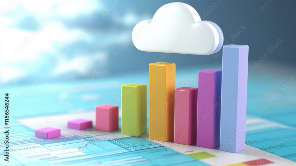 Aufkleber cloud and bar graphs represent cloud budgeting and financial analytics in digital environment