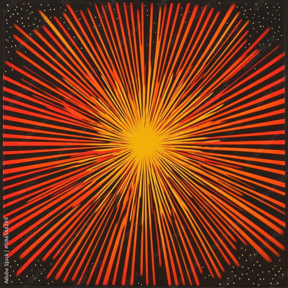 Poster radial sunburst pattern emanates from center. alternating yellow and orange rays pulse subtly. spark