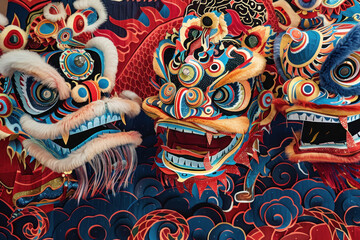 Fototapeta premium Chinese New Year snake paper cuttings, dynamic parade scene, lion and dragon dancers, vivid details, cheering crowd, cultural richness