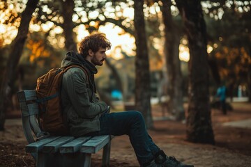 Fototapeta premium A man sits quietly on a bench, immersed in thought amidst a beautiful park setting.