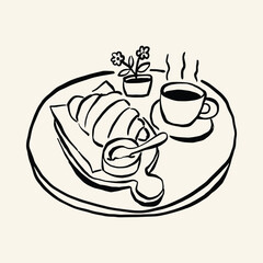A clean minimalist line art depicting a croissant and coffee, evoking a warm and cozy morning vibe.