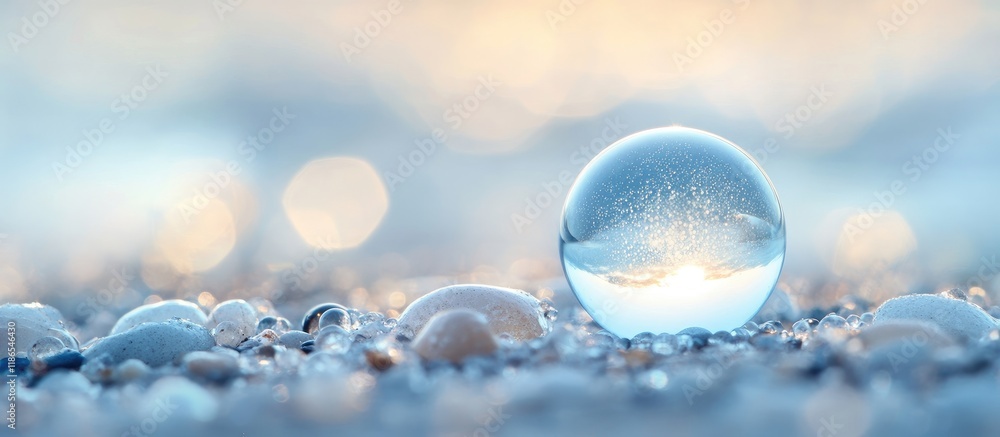 Poster delicate soft white bokeh background featuring light orbs and a glass sphere creating a dreamy and s