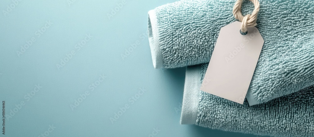 Poster soft blue towel with a blank tag lying on a light background ideal for retail display and branding o