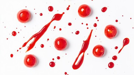 Fototapeta premium Ketchup splatters and droplets on white background showcasing vibrant tomato sauce texture and color for food presentations or recipes