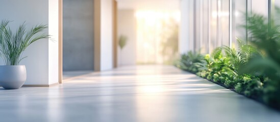 Modern interior design background featuring softly blurred aesthetics with natural light and greenery enhancing the spatial ambiance.