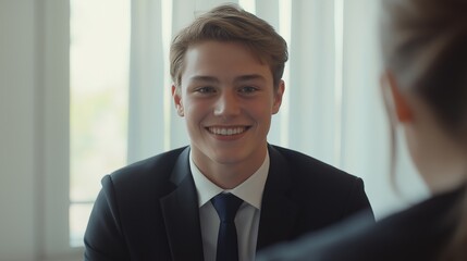 Smiling Businessman in Formal Suit During Job Interview