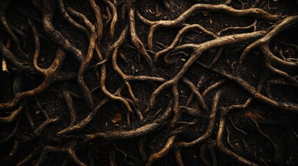 Tangled tree roots creating a natural pattern on a forest trail in rich earthy tones and textures