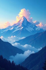 Softly glowing blue clouds illuminate a mountain range, abstract cloud formations, serene landscape