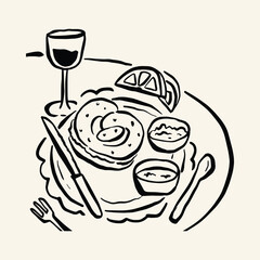 A minimalist line art featuring a bagel, wine, and small sides, ideal for a unique breakfast aesthetic.