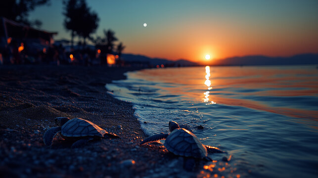A tranquil beach with sea turtles crawling toward the ocean under the moonlight.