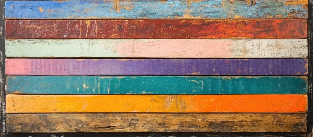 Poster stack of vibrant wooden planks in assorted colors on a rustic background perfect for creative design