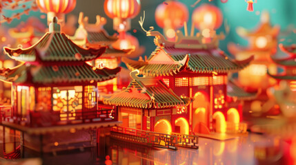 Fototapeta premium Chinese New Year snake paper cuttings, vibrant festival with red and gold lanterns, traditional Chinese architecture, celebratory atmosphere, detailed design elements