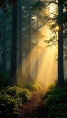 Fototapeta premium Misty forest with golden light filtering through tree branches, trees, natural world, nature