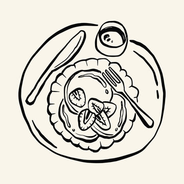 pancakes with strawberries, black and white clip art preview