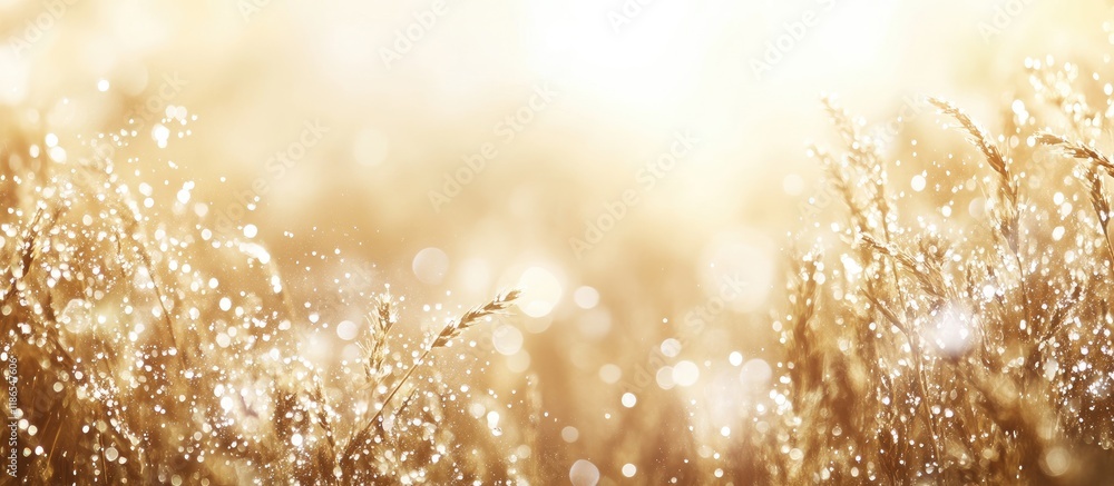 Poster golden grass with dew drops glistening in soft sunlight creating a tranquil summer background with s