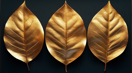Three Golden Leaves Against a Dark Background