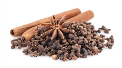 Star anise and cloves with cinnamon sticks arranged on a white background showcasing aromatic spices for culinary use.