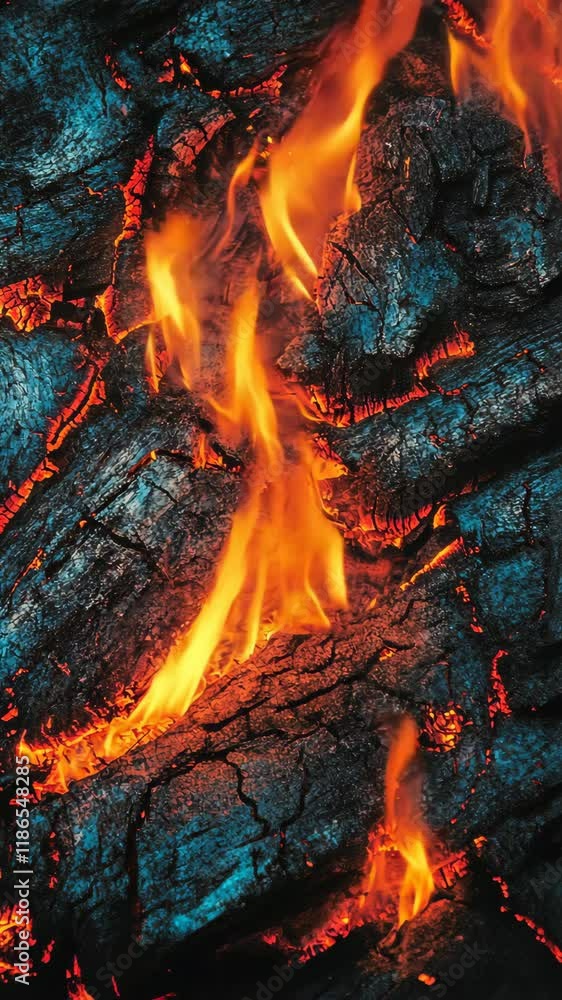 Aufkleber flames dance on charred wood, creating a captivating display of fiery color and texture in a warm, g
