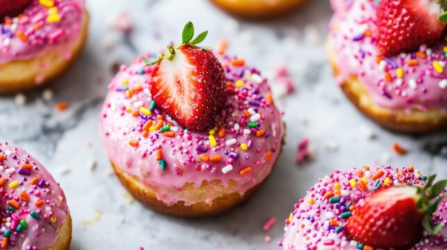 Delicious strawberry donut adorned with vibrant sprinkles and fresh strawberries on a marble surface