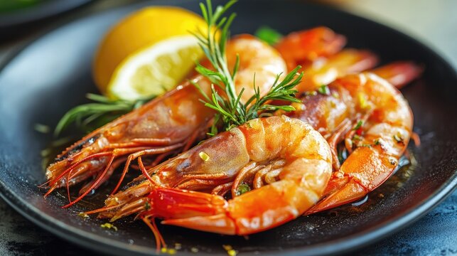 Deliciously cooked prawns garnished with fresh herbs and lemon served on a black plate for an appetizing seafood dish presentation.