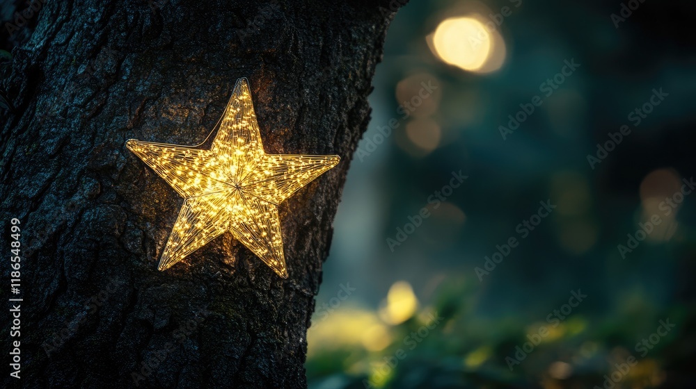 Poster illuminated star decoration on a rustic tree trunk creating a magical atmosphere in a serene outdoor