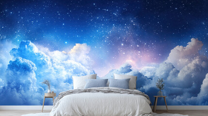 Celestial Dreamscape Bedroom Interior:  A dreamy bedroom interior features a stunning starry night sky mural, complete with fluffy clouds and a gentle glow.