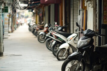 A row of motorcycles parked along a city street, ready for use