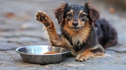 Charming brown dog raising paw by an empty food bowl looking at the camera with a hopeful expression in an outdoor setting
