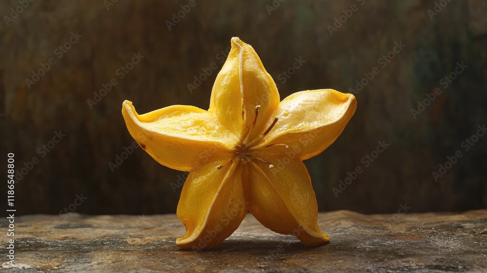 Poster star fruit displayed on textured surface highlighting its unique star shape and vibrant yellow color