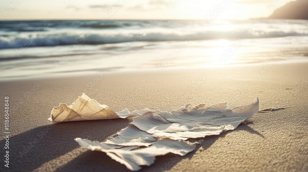 Poster torn old paper resting on sandy beach at sunset with ocean waves in the background creating a serene