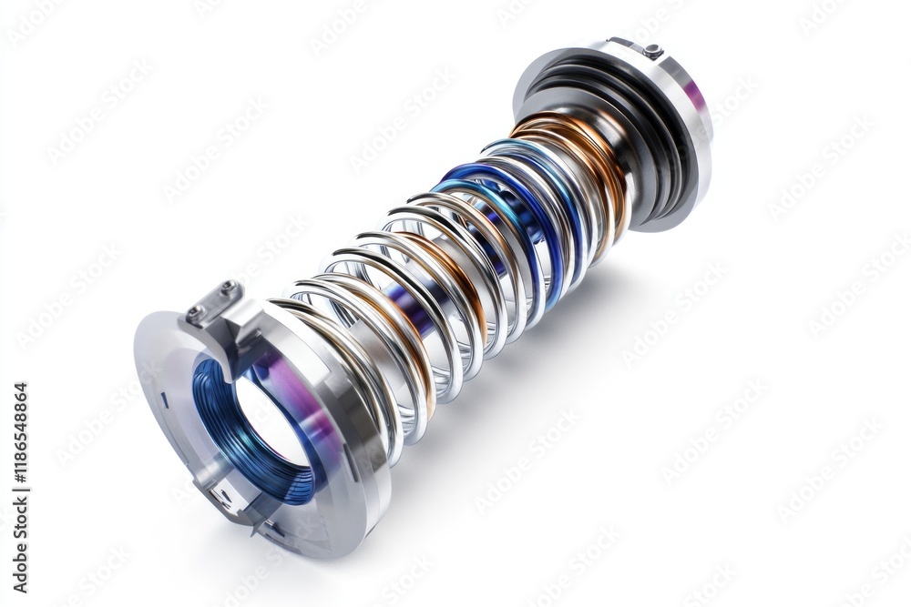 Poster a close-up shot of a metal spring resting on a clean white surface, ideal for uses in engineering an