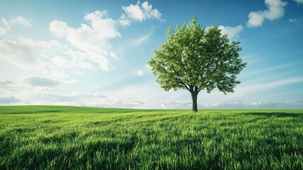 Vibrant green landscape featuring a solitary tree under a bright sky ideal for illustrating climate action and carbon capture concepts