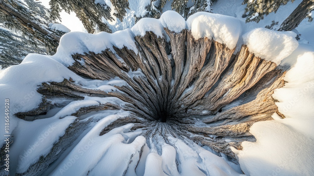 Poster snow-covered tree branches showcasing intricate patterns formed by piled snow in a serene winter lan