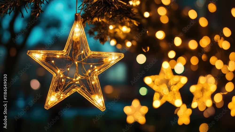 Poster twinkling star lights with warm bokeh background creating a festive and enchanting atmosphere in a b