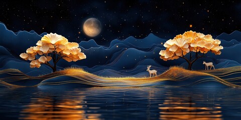 Golden Night Landscape with Deer and Trees