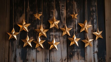 Elegant golden star garland hanging on a rustic wooden background perfect for festive decor or holiday celebrations