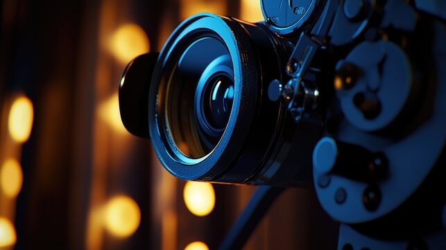 A close-up shot of a camera with lights in the background, ideal for photography-related illustrations and designs