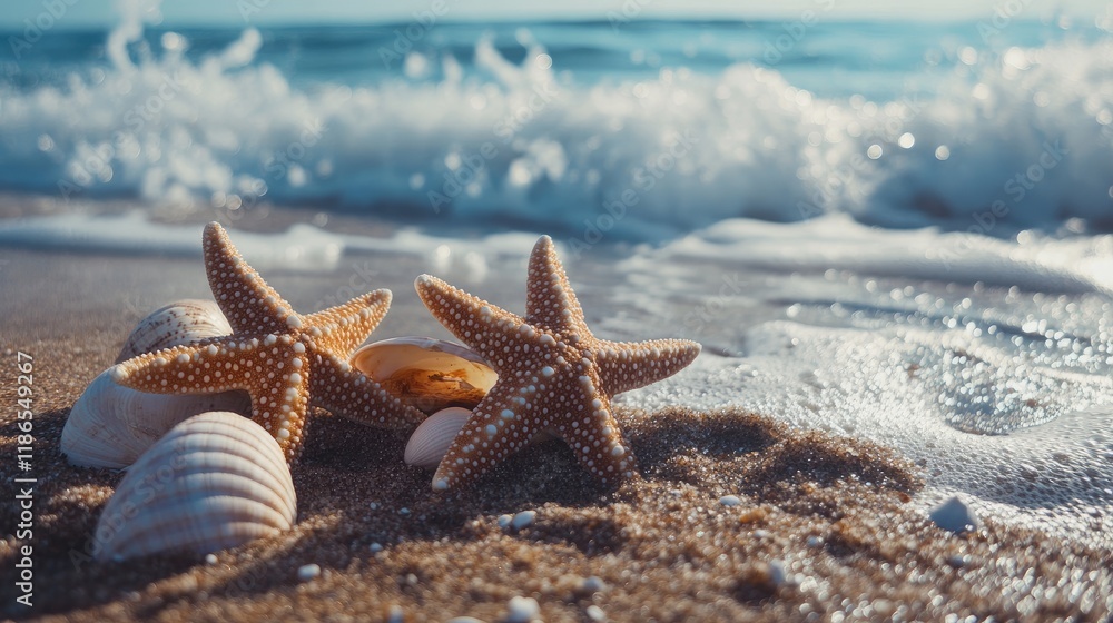 Aufkleber starfish and seashells on sandy beach with gentle ocean waves creating a serene coastal atmosphere i