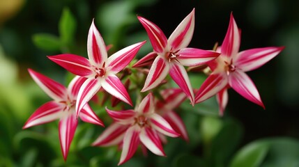 Star-shaped ornamental plants showcasing vibrant pink and white flowers ideal for enhancing table decor in a greenhouse setting.