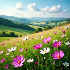 Obraz premium A scattering of mauve and white cosmos flowers creates a picturesque scene in the rolling hills of a countryside meadow, meadow, cosmos